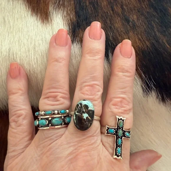 ❤️ Black Jack Turquoise Rare Sky Blue Black Matrix Sterling Ring Sz8 Unisex Ring - Picture 5 of 15